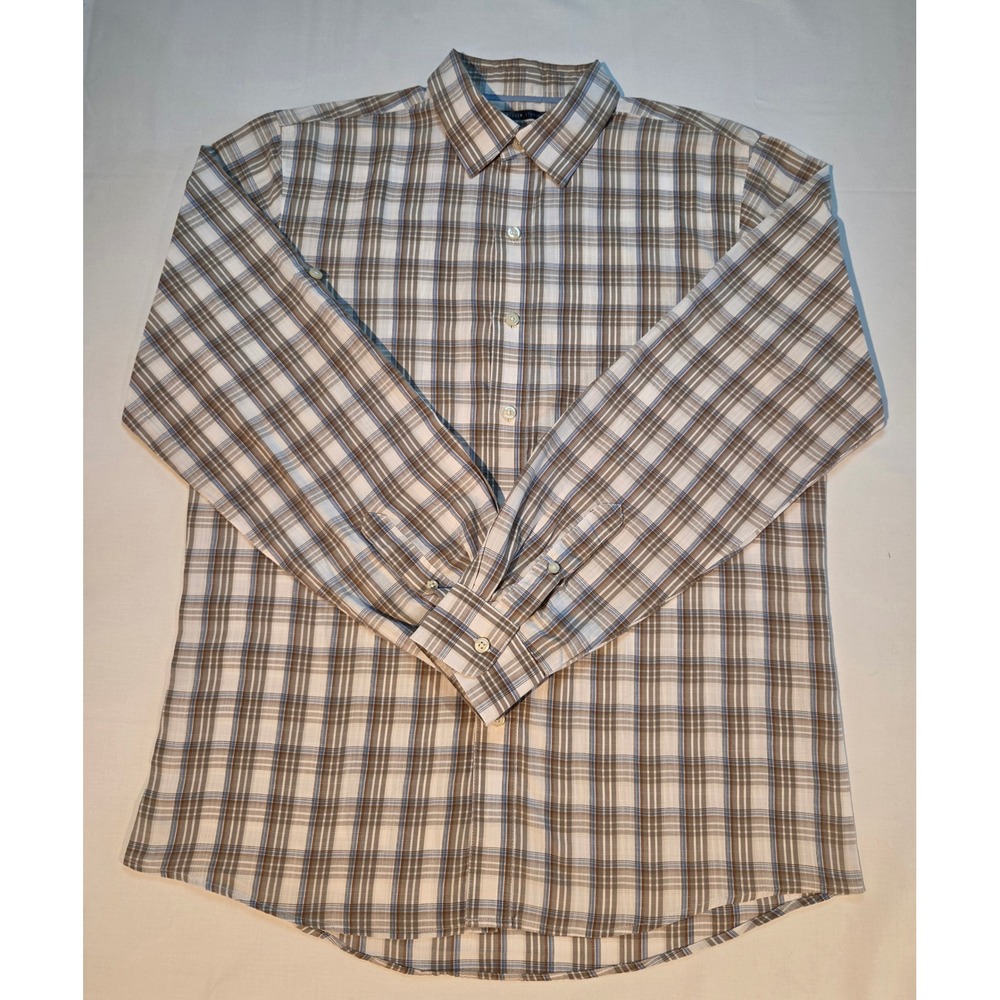 Van Heusen Studio Mens Slim Fit Plaid Button Down Shirt Brown Blue Medium